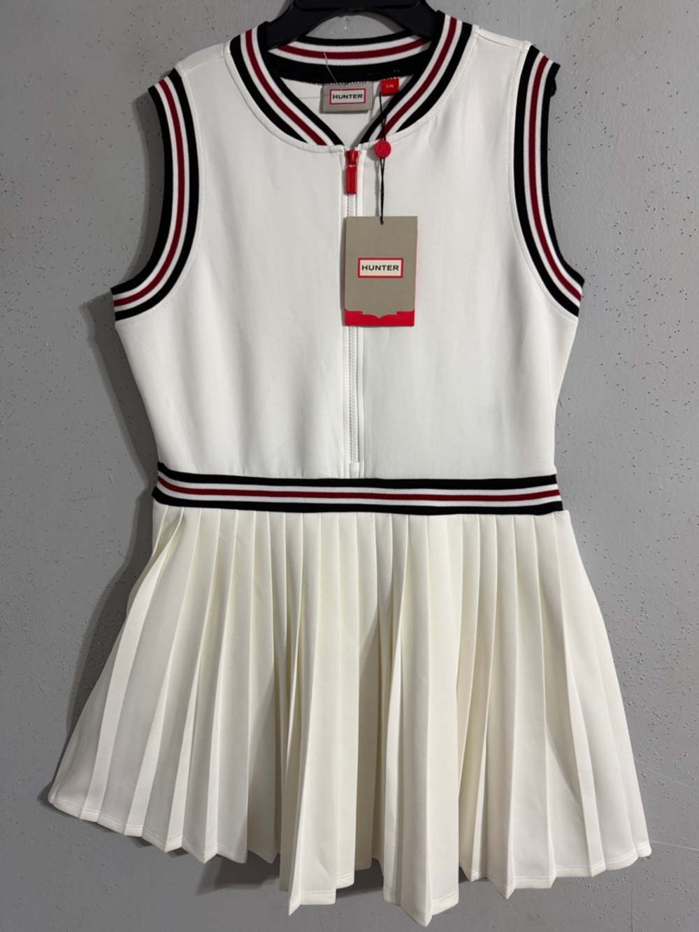 Hunter White Pleated Sleeveless Tennis Dress with Red and Black Trim